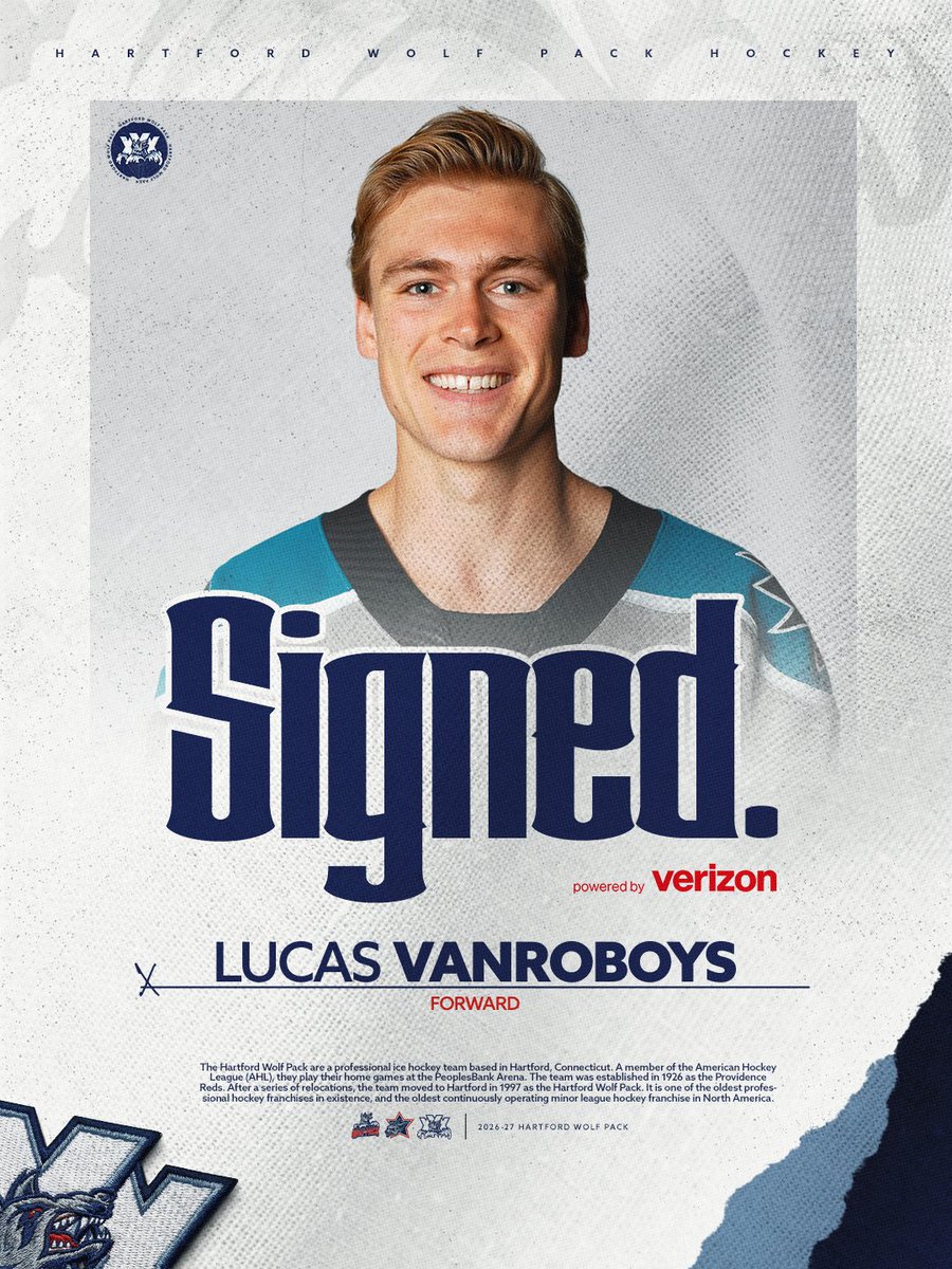 HWPHockey's tweet photo. OFFICIAL: The Hartford Wolf Pack have signed forward Lucas Vanroboys to a one-year contract for the 2026-27 season. https://t.co/04nE3kjaqT