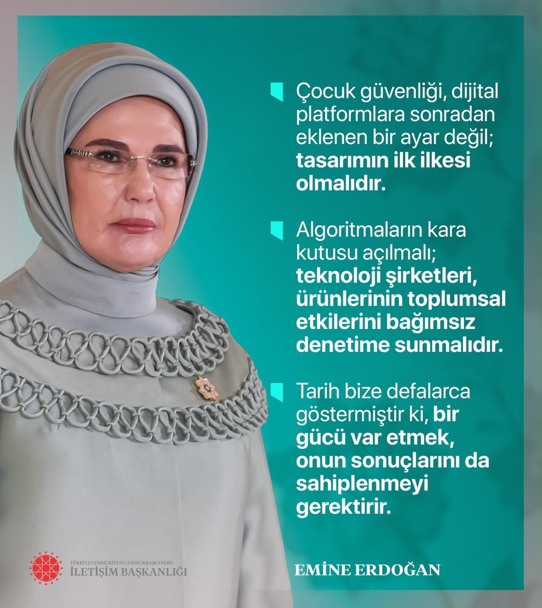 AKKADINGM's tweet photo. "Dijital çağda çocuklarımızı koruyacak insan merkezli bir çerçeve oluşturmak milletten yetkisini alan devletlerin bir sorumluluğudur."

Saygıdeğer @EmineErdogan Hanımefendi’nin teknoloji alanında şeffaflık, hesap verebilirlik ve çocuklarımızın korunmasına yönelik çağrısı; daha güvenli bir dijital gelecek, daha bilinçli bir teknoloji ekosistemi ve sağlıklı nesiller için güçlü bir yol haritası sunmaktadır.

Dijital dünyanın sunduğu imkânlardan faydalanırken, çocuklarımızı koruyacak etik ve sorumlu bir yaklaşımın güçlendirilmesi artık bir tercih değil, gelecek nesillere karşı ortak sorumluluğumuzdur.

📍Gelecek Nesli Korumak Programı