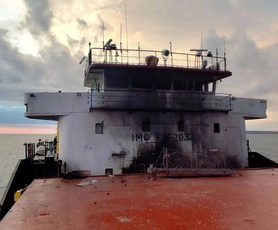 Osinttechnical's tweet photo. Aftermath of a Ukrainian drone strike on the cargo ship Favori off the coast of Russian-occupied Crimea last night. 

The vessel was en-route to the Russian port of Azov. https://t.co/6sCbClFKqH