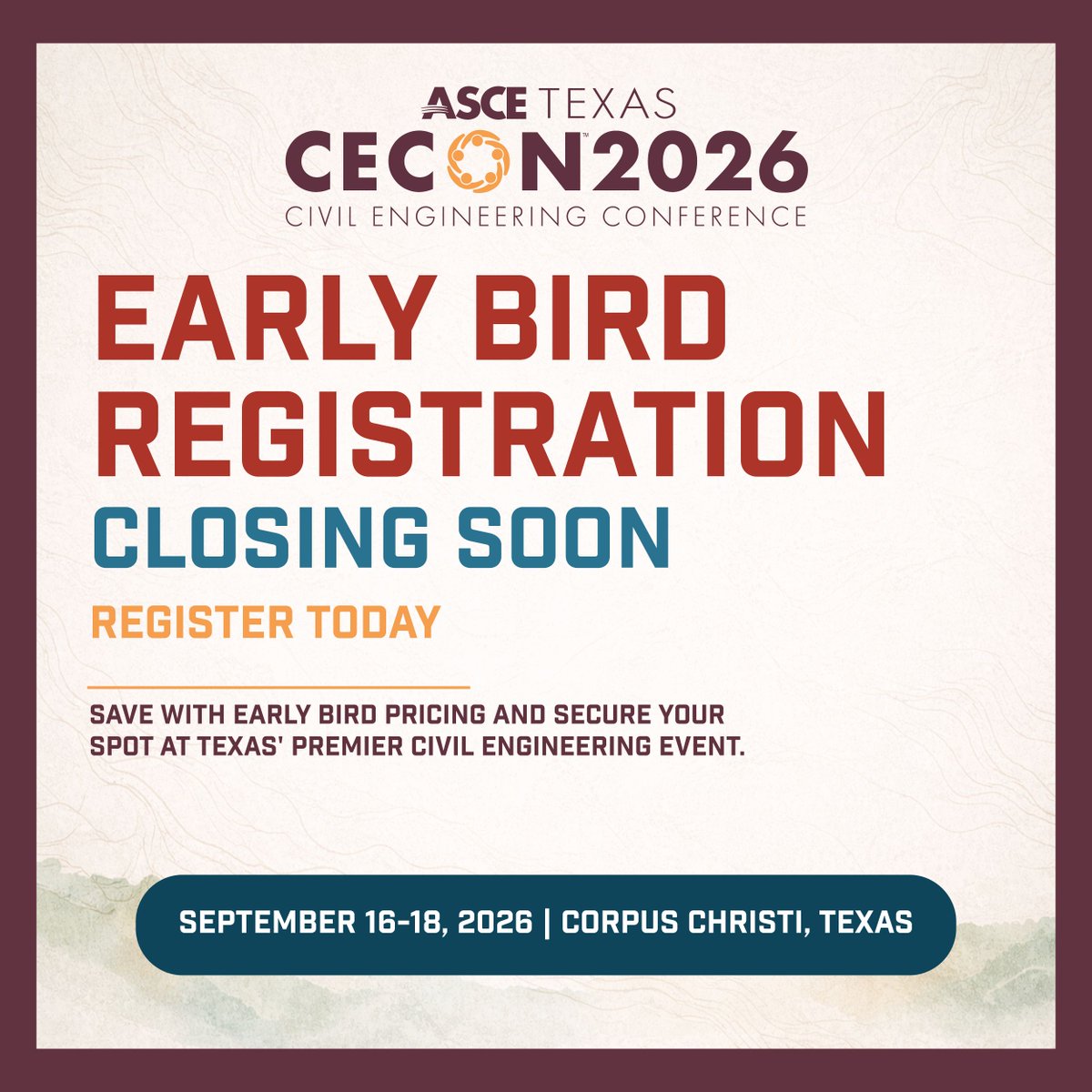 TEXASCEtweets's tweet photo. Early bird registration for CECON 2026 ends July 31—and you won’t want to miss your chance to save. Join hundreds of civil engineering leaders, innovators, and changemakers this September for Texas’ premier civil engineering conference.
Register today: https://t.co/BnKDvq4O9H https://t.co/XNKlZO1bOf