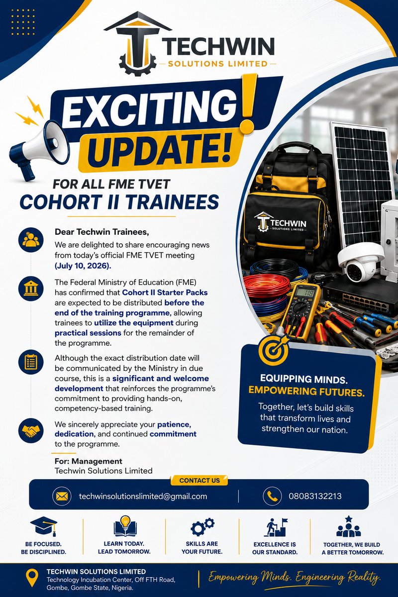 TechwinSLimited's tweet photo. Great news for all FME TVET Cohort II trainees! Kindly see the official update below and stay committed to your training journey.
#TechwinSolutions #Skills #Techwin #TVET #FME https://t.co/b5y7aRVHn9