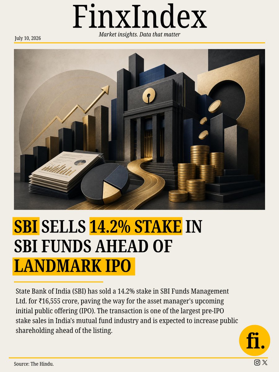 finxindex's tweet photo. 🚨 SBI to sell a 14.2% stake in SBI Funds ahead of its landmark IPO.

The stake sale marks a key step toward one of India's most anticipated public listings in the asset management space.

👉 Read the full breakdown &amp; market summary on FinxIndex.

#SBI #SBIFunds #IPO #StockMarket https://t.co/AGigeD1SWV