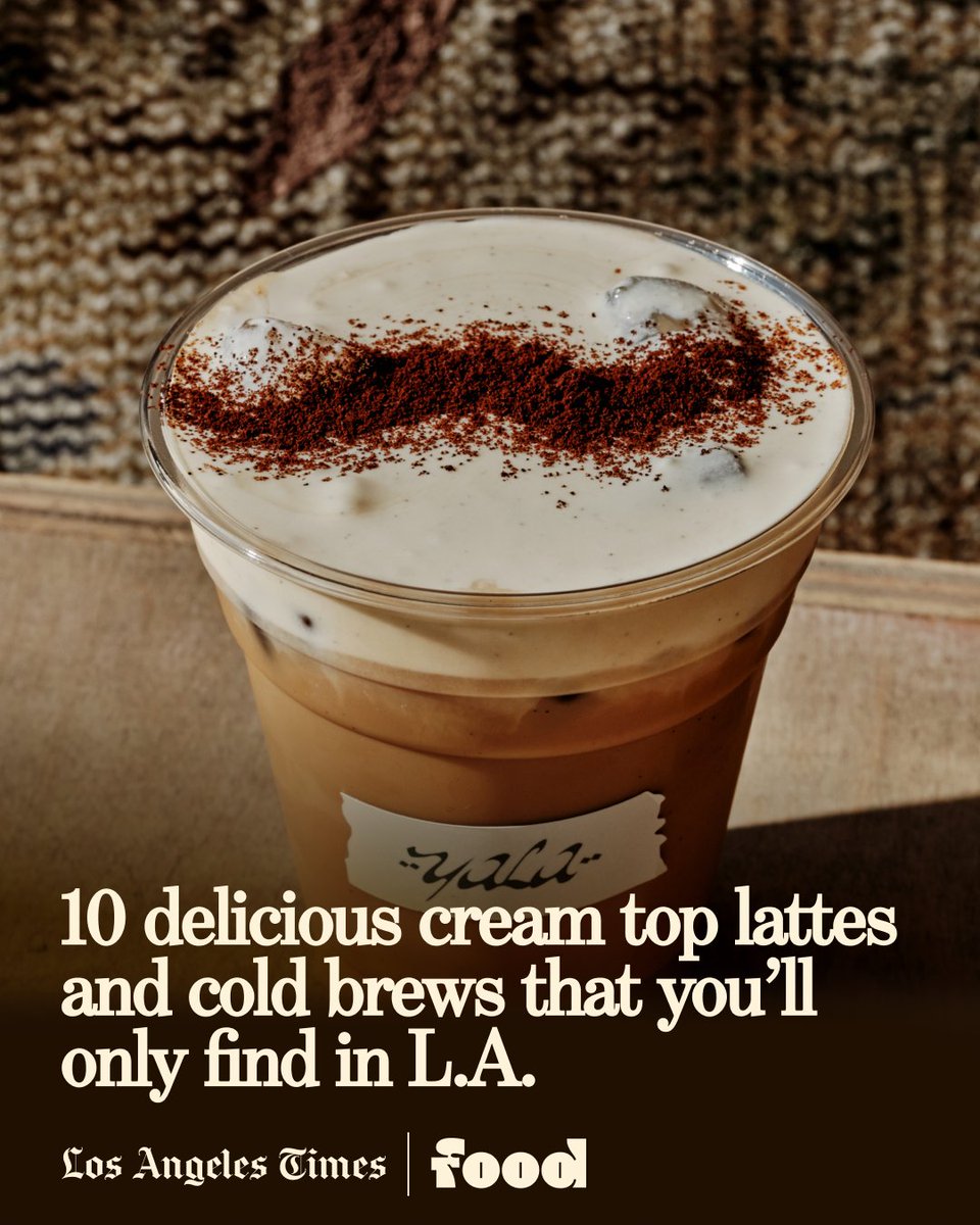 latimesfood's tweet photo. It looks like cream top beverages are sticking around L.A.’s coffee scene. Fans of embellished beverages can’t get enough of the now-standard flourish that local coffee shops add to iced coffee and matcha drinks. https://t.co/wNhFytXJEL https://t.co/NXjJcc51j2