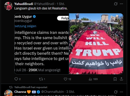 Nesseltier's tweet photo. @FHHS478897 @YahudiBrudi Das Trump sowie iranische Befehlshaber Kriegsziele sind ist ja wohl kein Geheimnis. Realsatire ist eher ein Account, der solche Accounts repostet: https://t.co/1KKDKnspA2