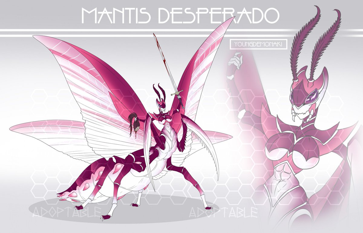 youngdemonaki's tweet photo. She doesn't fight for glory - she fights for perfection. The Mantis Desperado turns every battle into a deadly performance of speed, skill, and elegance.

#Adoptable #FantasyCharacter https://t.co/Piv5iXI5GQ