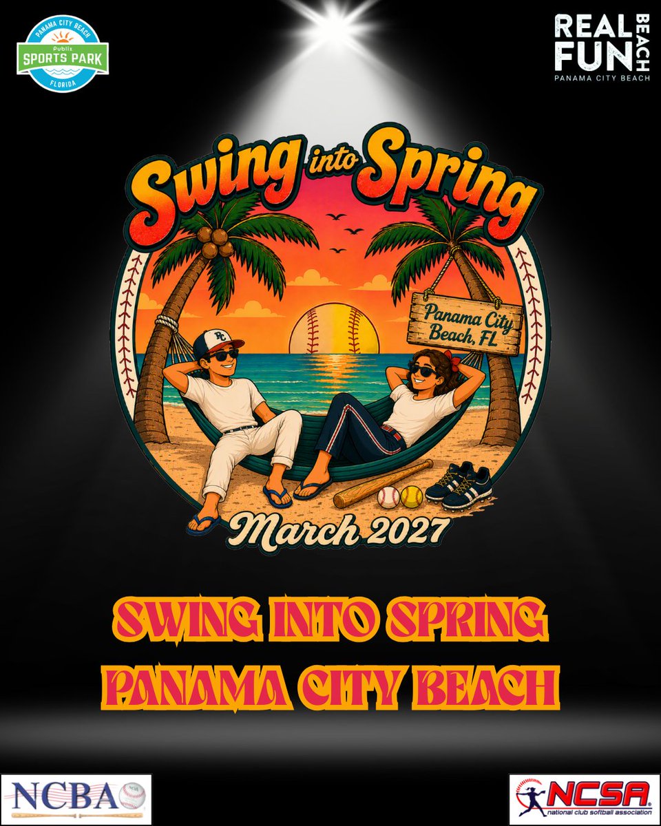 SIS_NCBA_NCSA's tweet photo. ๐ดโพIntroducing the official logo for Swing Into Spring - Panama City Beach 2027!๐ฅ๐
๐
Teams can expect registration information and event details in August.
โพ NCBA: https://t.co/shaGxjkEKe
๐ฅ NCSA: https://t.co/W5InIvmI9p
#SwingIntoSpring #PanamaCityBeach #NCBA #NCSA https://t.co/GlxaAIrrtc
