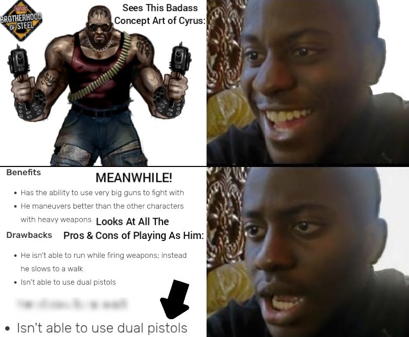 VaultKing_14's tweet photo. Expectations VS Reality? Nah, more like Concept Art/Cut Content VS The Final Game!
π€ π π π€ͺ π π€£ π π€£π
#Fallout #FalloutSeries #FalloutBrotherhoodofSteel #meme #memes https://t.co/fpDr6udXGu