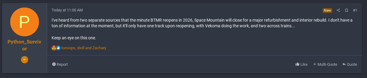 Mattlegostar2's tweet photo. 🚨The (rumored) Space Mountain rebuild is going to be bigger than we thought. Here's a few highlights from the WDWMagic Forum:

* ONE track upon reopening

* Double-row seating like Disneyland

* Vekoma as the manufacturer

* Peoplemover closure (temporary)

* Non-conservative budget

* Potential launch coaster

* Entire new queue

Expected to be announced at this year's D23, with a closure being late 2026 or early 2027, and a nearly 2 year construction timeline.