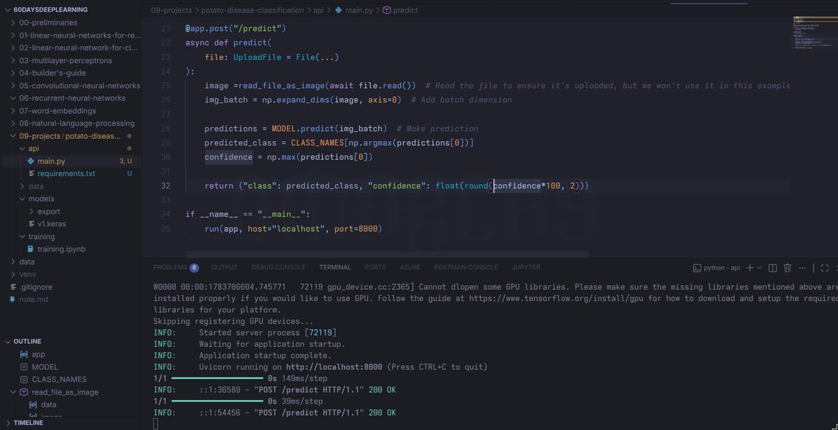 m76760052's tweet photo. #LSPPDay40
- Deployed the potato disease classifier behind a FastAPI service
- Created an image upload endpoint for model inference
- Validated end-to-end predictions with Postman
@lftechnology #60DaysOfLearning2026 #LearningWithLeapfrog https://t.co/b5GbckZfTb
