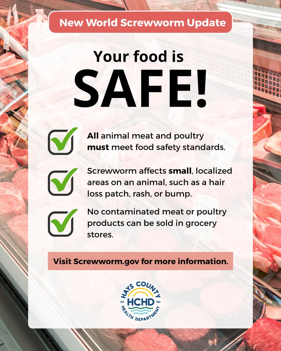 HaysCoHealth's tweet photo. New World Screwworm is NOT a food safety threat, and it does not impact the meat and poultry products in the U.S.

USDA and its partners are actively responding while the FSIS continues to ensure meat and poultry products meet strict food safety standards.
https://t.co/NtUrdOhZay https://t.co/ynVcTkd4No