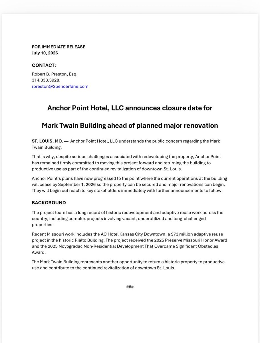 DavidAmelottiTV's tweet photo. New today: Anchor Point Hotel LLC, owner of the Mark Twain Hotel, announced planned closure for Sept. 1st stating “plans have progressed where current operations will cease…so the property can be secured and major renovations can begin. @KMOV https://t.co/3PZOtifed7