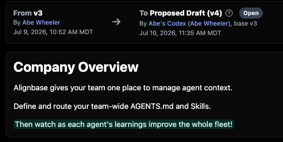 AbeWheeler5's tweet photo. Agent cold-start? I prefer "The Memento Problem".

Introducing Agent Proposals—let your agents store key learnings in team-wide AGENTS .md and Skill files. Agents don't forget, they improve the fleet.

@sunpeak_ai's Alignbase is better than tattoos. https://t.co/6gXZHvYwCu