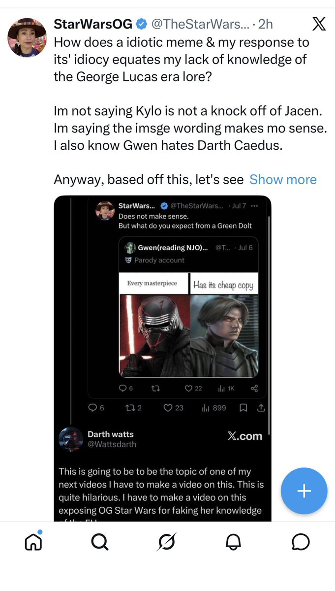 Wattsdarth's tweet photo. @GameGood15206  OG narcissist just can’t handle the fact that she admitted to faking her knowledge of the Star Wars EU lore and it’s funny how she accused me and lucky Kennedy have not knowing the lore however, she doesn’t know the lore herself lol https://t.co/hL8Mnazsge