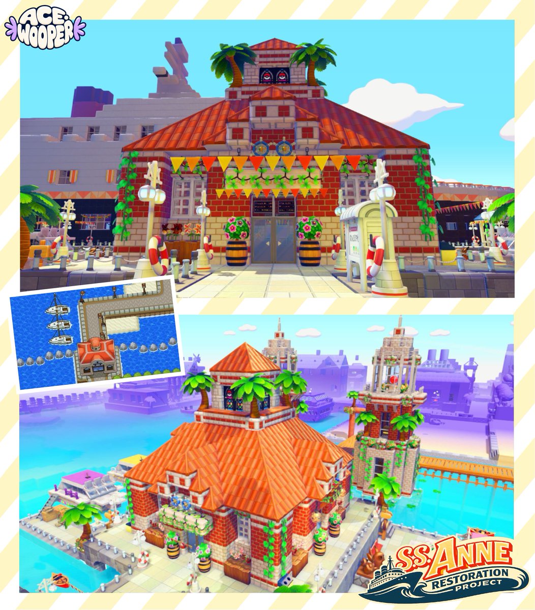 AceWooper's tweet photo. S.S. ANNE RESTORATION PROJECT (Part 2) 🚢🌊⚓️

The harbour and gatehouse were the first major phase of the restoration after completing the lighthouse anchors, transforming Bleak Beach into a fully functioning ferry terminal. 🏰🛳️

The gatehouse is primarily inspired by the Vermilion City ferry terminal from Pokémon HeartGold and SoulSilver, reimagined with an expanded harbour, passenger facilities and multiple ferry docks to better suit Pokopia.

The boats were inspired by the fantastic designs from
@May_orangeto, which I adapted and redesigned into several different passenger boats to bring more life and variety to the harbour. ⛴️⛵️

#Pokemon #PokemonPokopia #Pokopia #PokopiaBuild #CozyGaming #GamingBuild