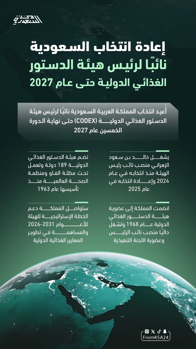 FromKSA24's tweet photo. إنجاز دولي جديد للسعودية 🇸🇦 

إعادة انتخاب #السعودية نائبًا لرئيس هيئة الدستور الغذائي (CODEX) حتى نهاية 2027. https://t.co/6tEospzfRs