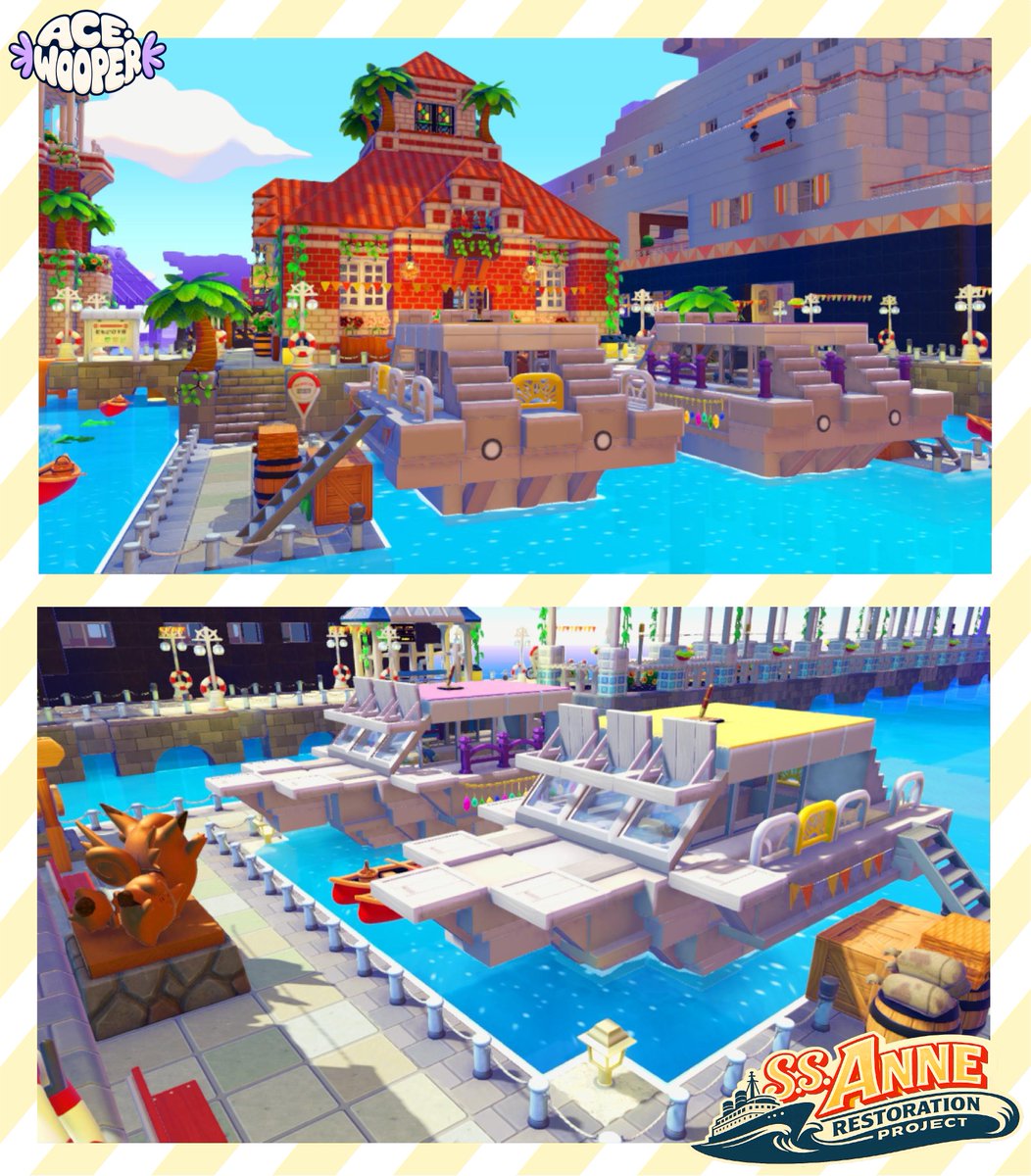 AceWooper's tweet photo. S.S. ANNE RESTORATION PROJECT (Part 2) 🚢🌊⚓️

The harbour and gatehouse were the first major phase of the restoration after completing the lighthouse anchors, transforming Bleak Beach into a fully functioning ferry terminal. 🏰🛳️

The gatehouse is primarily inspired by the Vermilion City ferry terminal from Pokémon HeartGold and SoulSilver, reimagined with an expanded harbour, passenger facilities and multiple ferry docks to better suit Pokopia.

The boats were inspired by the fantastic designs from
@May_orangeto, which I adapted and redesigned into several different passenger boats to bring more life and variety to the harbour. ⛴️⛵️

#Pokemon #PokemonPokopia #Pokopia #PokopiaBuild #CozyGaming #GamingBuild