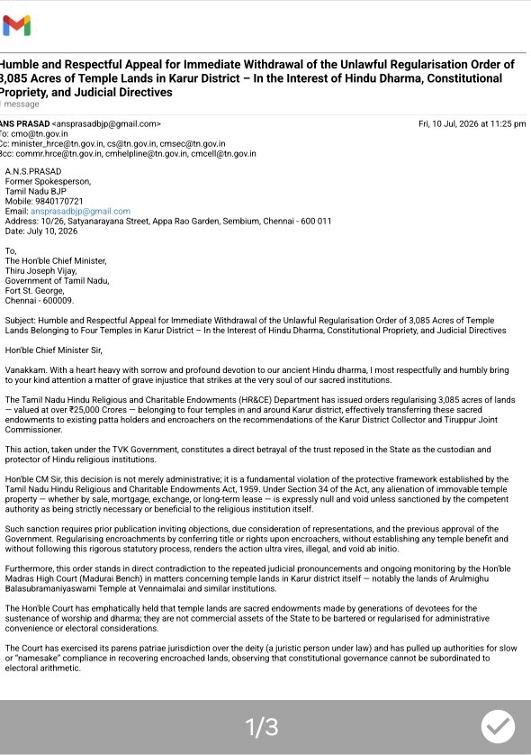 ANSPRASAD_TN's tweet photo. Humbly appeal to Hon'ble @CMOTamilnadu Thiru #JosephVijay to immediately withdraw the unlawful regularisation of 3,085 acres of
#KarurTempleLands ₹25,000+Cr.

My formal request letter to protect sacred endowments &amp; dharma.

#ProtectTempleLands #TNHRCE #DharmaRaksha #KarurTemples https://t.co/mprkCsxAe9