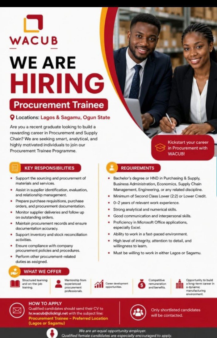 DanielWellings_'s tweet photo. Graduate Trainee Opportunity at WEST AFRICAN CUBES LTD (WACUB-TGI GROUP)!

sector: Procurement

🎓BSc./HND in related field with a minimum of 2:2/Lower credit
✅️0-2 years Experience
✅️Proficient with MS Office suite 

📍Lagos, Ogun, Sagamu
Deadline Not specified(Apply ASAP) https://t.co/XzTwJ0znNx
