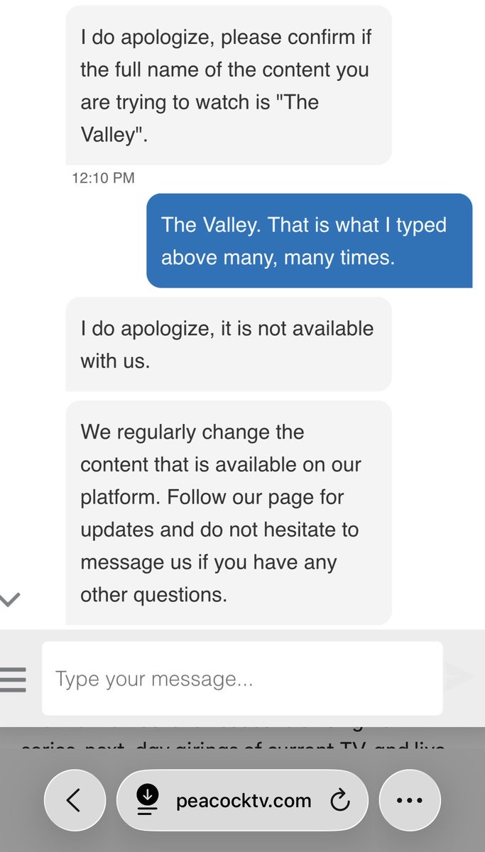 mollymorgana's tweet photo. @peacock why do your customer service representatives tell people that the valley is not available on Peacock? https://t.co/MqhiuDXedL