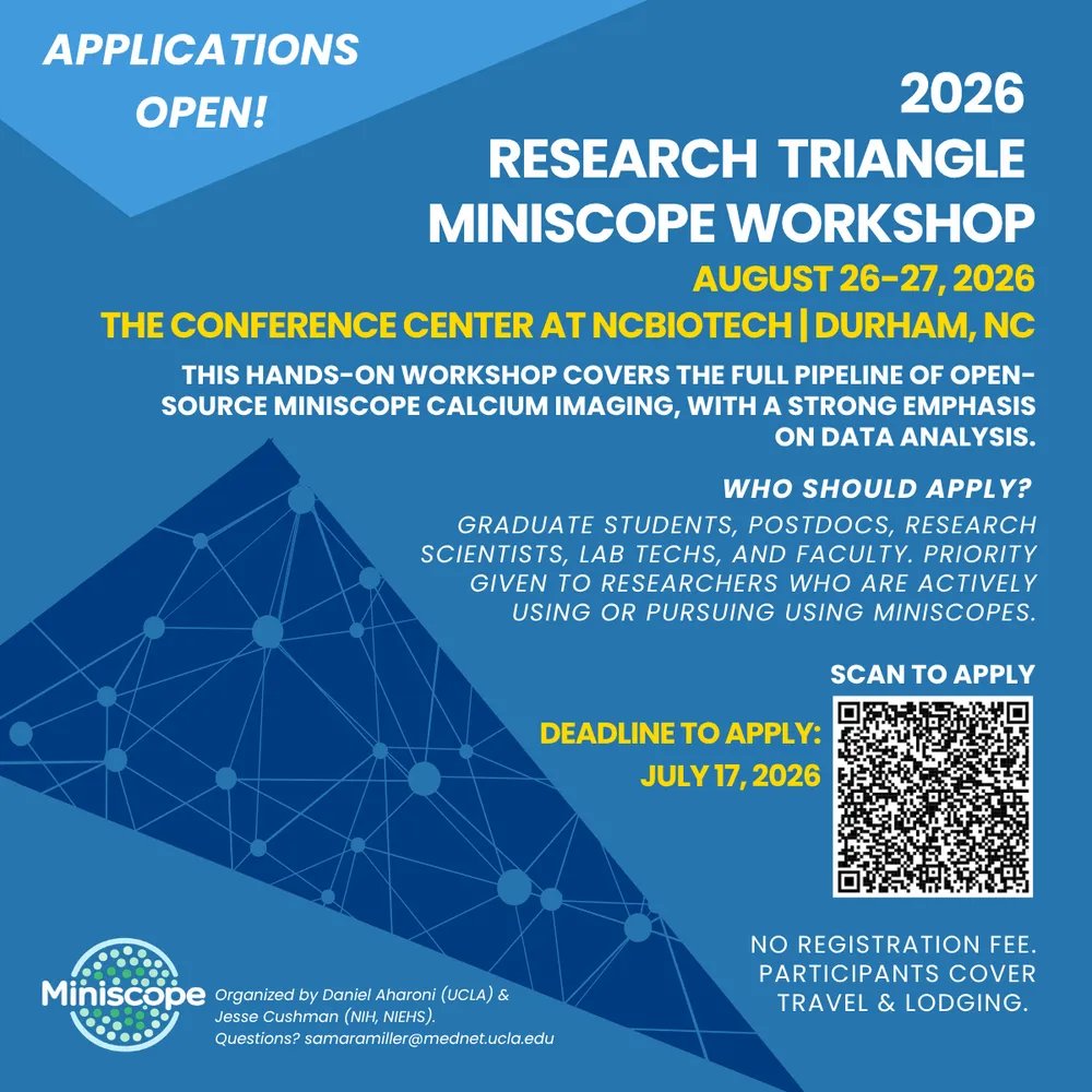 MiniscopeTeam's tweet photo. Just a few weeks left to apply!
2026 Research Triangle #Miniscope Workshop, August 26–27, Durham, NC!
This hands-on workshop covers the full Open-source Miniscope calcium imaging pipeline from theory to analysis. Deadline to apply is July 17: https://t.co/KKPhTksilp https://t.co/8gnLTKQuLo
