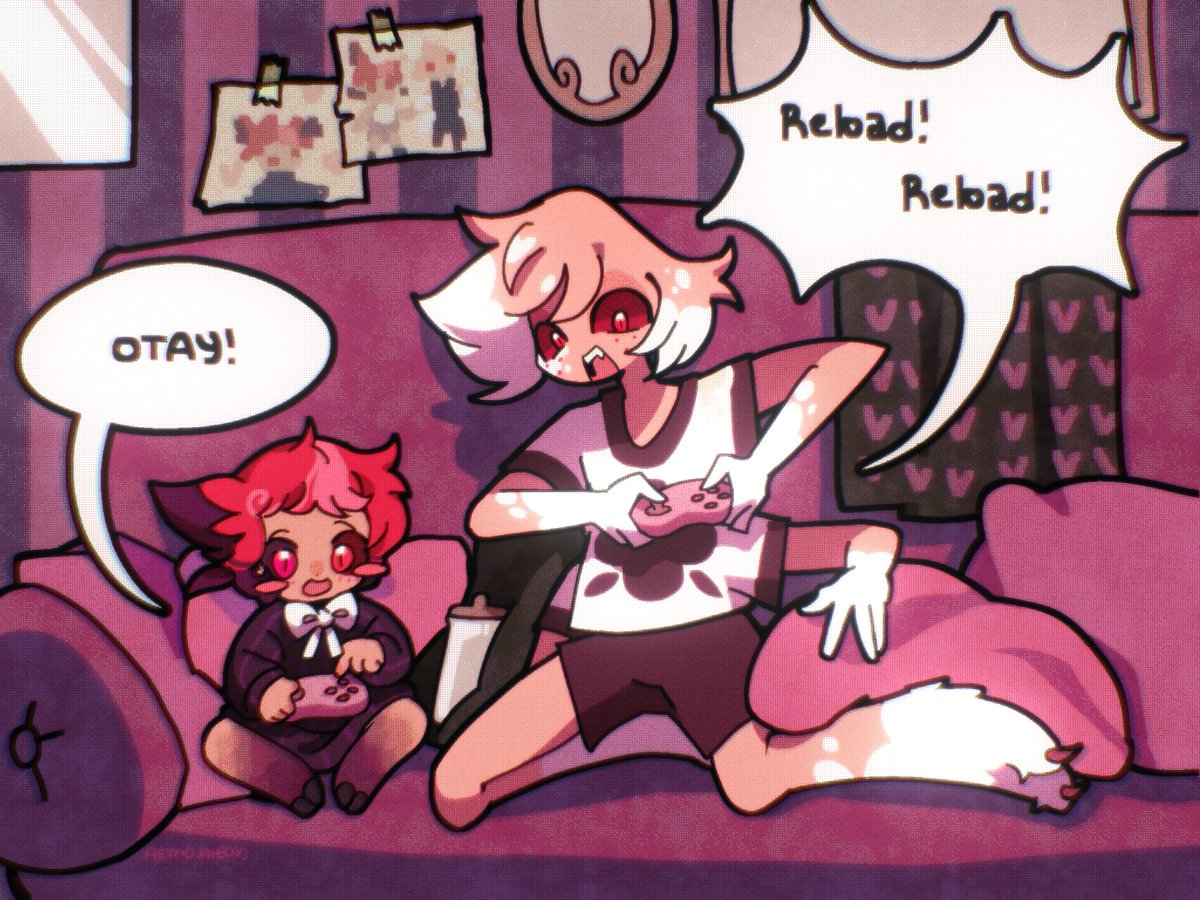 Asmostly_s's tweet photo. Small artfight for @NeonCandies!!!

I had them playing video games because I wanted to draw them to do something fun 🥹

#HazbinhHotel #HazbinotelFanart #radiodust https://t.co/UZeYv3f0s2