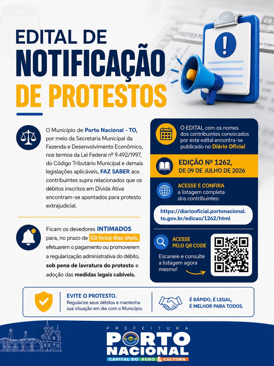 PortoRapido's tweet photo. 📢 EDITAL DE NOTIFICAÇÃO DE PROTESTOS

A Prefeitura de Porto Nacional, por meio da Secretaria Municipal da Fazenda e Desenvolvimento Econômico, informa aos contribuintes com débitos inscritos em Dívida Ativa que foi publicado o Edital de Notificação de Protestos https://t.co/3QALVUOx7G