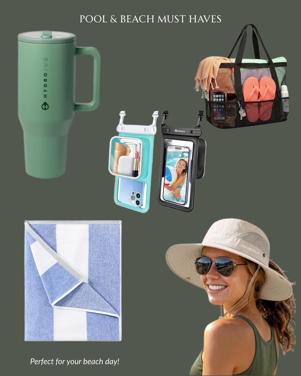 rovefinds's tweet photo. Beach bag, but make it organized 🧵
5 pool &amp; beach essentials for this summer:

Mesh beach tote
Oversized cotton towel
Waterproof phone pouch
Wide brim sun hat
Insulated 32oz tumbler

Full list 👇
https://t.co/KyUDV5icNA https://t.co/0IVhmXTQDh