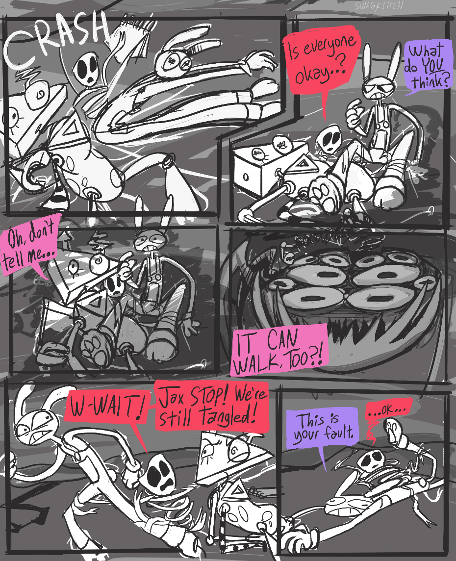 RhythmandLime's tweet photo. Out of Bounds (page 25-28)
Aaaand this wraps up the end of arc 1! Thereโs still 2 more arcs in this story, tho Iโll probs take a lil break to focus on other post-ep 9 TADC fanart for a bit.
#tadc #comic #jax #zooble #gangle #abstragedy #theamazingdigitalcircus #outofbounds https://t.co/eQRISI4HZ7