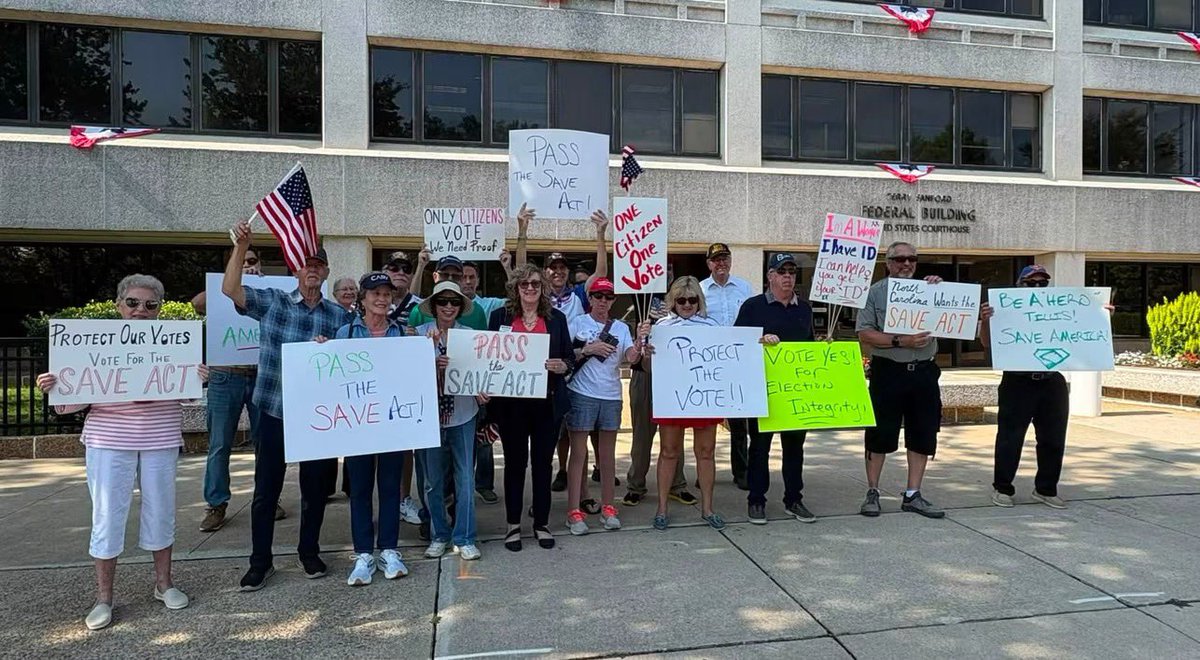 MargoinWNC's tweet photo. Kudos to @wakegop for standing in front of Thom Tillis’s office protesting because he won’t PASS THE SAVE ACT! https://t.co/Mb0GLoeMsG