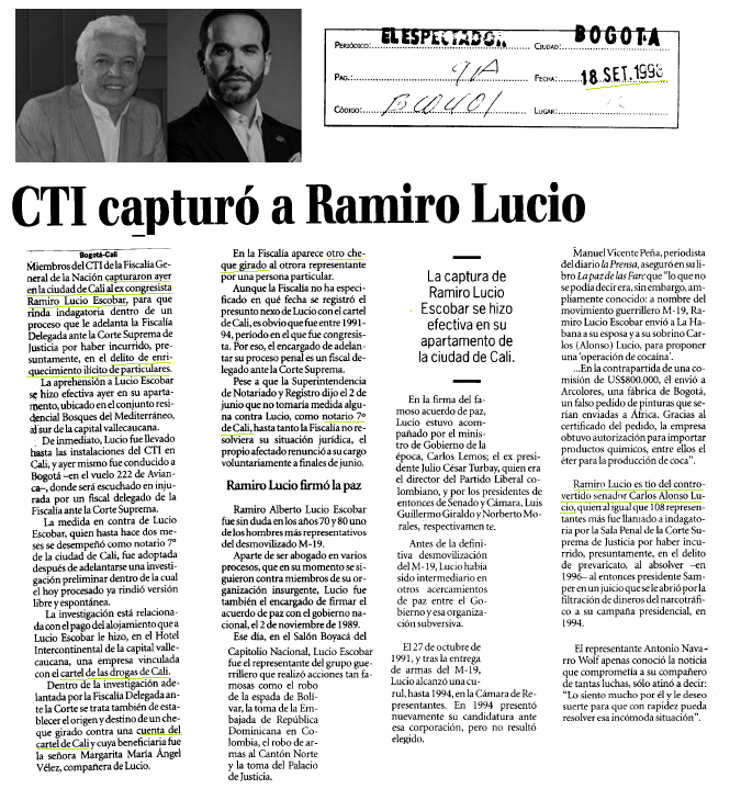 JuanPoe's tweet photo. Nuevo hallazgo. El tío y padrino político de Carlos Alonso Lucio (Ramiro Alberto Lucio Escobar) estuvo preso y fue condenado en 2006 por enriquecimiento ilícito por el Tribunal/Cali por recibir dineros del Cartel de Cali. El "gran" Director de Empalme de Abelardo de la Espriella. https://t.co/9GkYNg2R3s