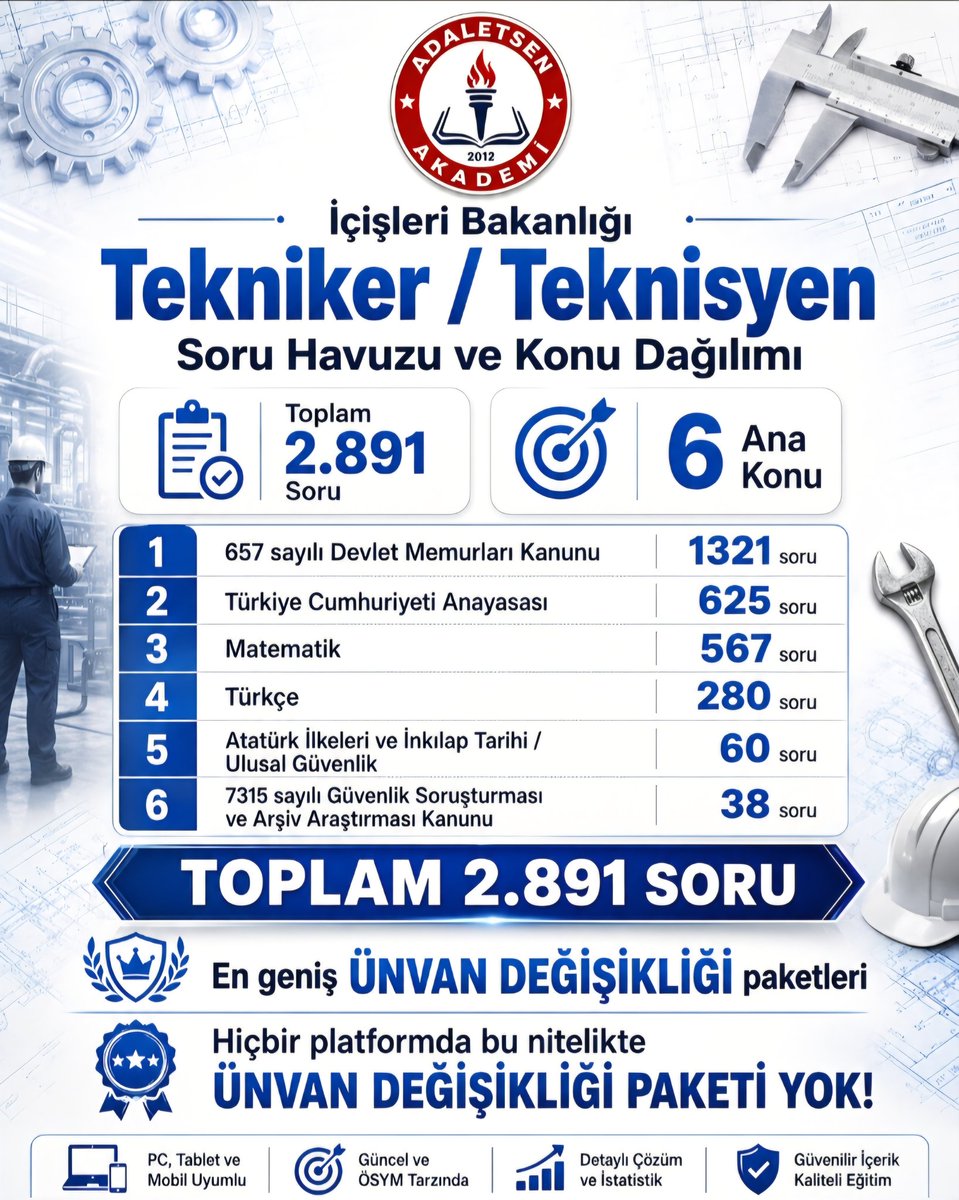 AkademiAdaletSe's tweet photo. 📢 İçişleri Bakanlığı Unvan Değişikliği Hazırlık Paketlerimiz Hizmete Açıldı!

İçişleri Bakanlığı unvan değişikliği sınavına hazırlanan;

✅ Bilgisayar Mühendisliği
✅ Elektrik-Elektronik Mühendisliği
✅ İnşaat Mühendisliği
✅ Tekniker
✅ Teknisyen

kadroları için hazırlanan +++ https://t.co/pFp8WdKb2e