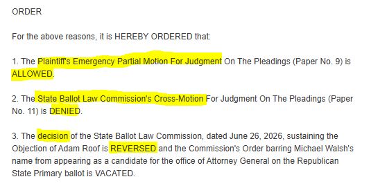 johnfgately's tweet photo. BREAKING: AG Candidate Michael Walsh has WON his appeal against the State Ballot Law Commission. #mapoli https://t.co/ZgCOgXJLrr