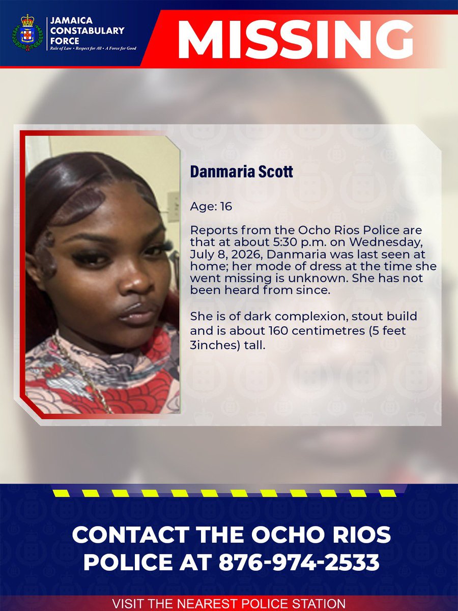 JamaicaConstab's tweet photo. Help us locate missing Danmaria Scott. If you know her whereabouts, please call the Ocho Rios Police or the nearest police station. 

#AnandaAlert #Missing https://t.co/CUlOr0H1Z9