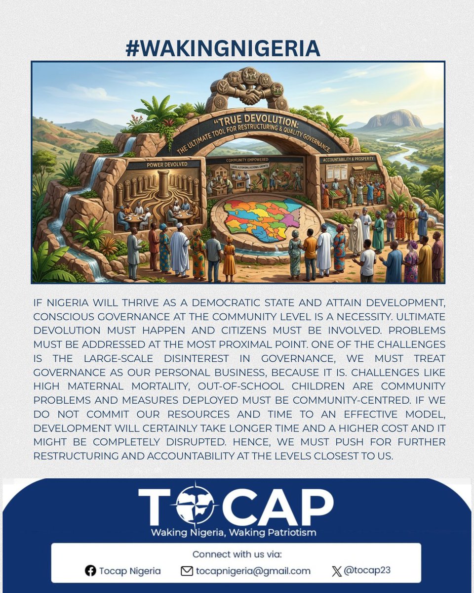 tocap23's tweet photo. TRUE DEVOLUTION AS THE ULTIMATE TOOL FOR QUALITY GOVERNANCE

By Toluwalope Ifedayo

The state has been described by different scholars from different schools of thoughts, as the highest possible good, the ultimate force of cohesion, an instrument of coercion, https://t.co/44yX5O2KXw