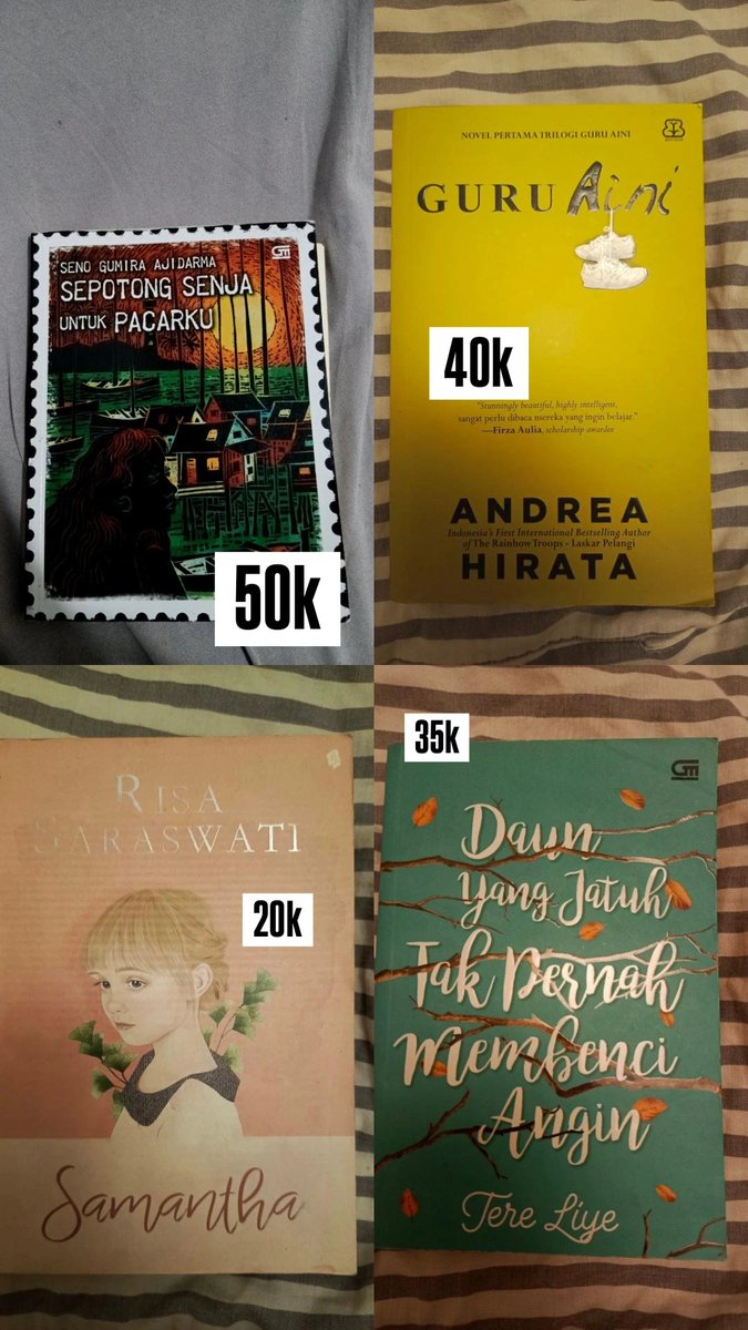 ticket2rides's tweet photo. WTS! 
⭐️ Tere Liye 
hujan 
sunset &amp; rosie 
daun yang jatuh
rembulan tenggelam
⭐️ Andrea Hinata 
guru aini 
⭐️ Dian Purnomo 
Perempuan yg Menangis 
⭐️ Sepotong Senja 
⭐️ Risa Saraswati 

dom jakbar/tangkot/malang juga bisa 
bisa oren dm ajah!! 

wts buku murah https://t.co/SywYBqk2Mo