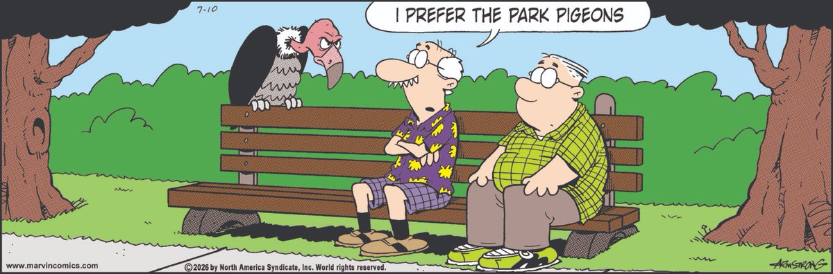 DalePederson's tweet photo. #FridayBlessings on #bench #sitters in #today's #comic "Marvin" by Tom Armstrong as Marvin's Grandpa and friend #contemplate the #birds at the #local park and #wonder what the #flying #critter is #thinking https://t.co/iuQI9q15U5