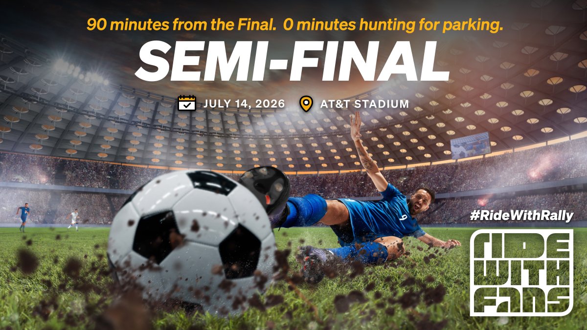 RallyBus's tweet photo. A World Cup semifinal at AT&T Stadium Tuesday. 
The winner books a spot at MetLife. Be in the building - lock your Rally ride now, ride in with fans, and BYOB.

📍 Arlington, TX • July 14 • 2 PM

Book Now: https://t.co/zQqCvdabuQ 

#FIFAWorldCup2026 #SemiFinal #ATTStadium #RideWithRally