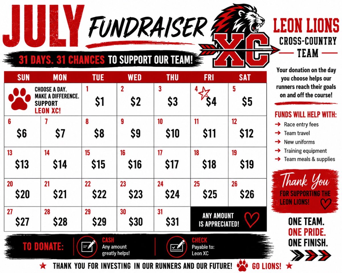 UNGRU's tweet photo. π¦ Support Leon XC this July! Pick a day and donate the amount. β€οΈ Want to help? Contact me to make your donation! #LeonXC #GoLions #Fundraiser https://t.co/kQvyhwmMVn