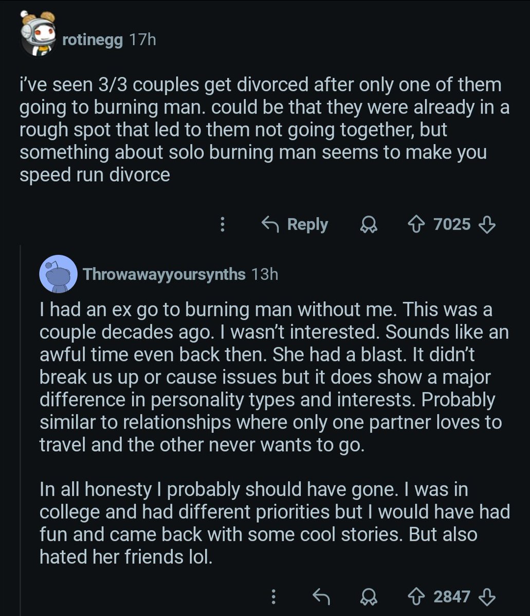 DailyReddit247's tweet photo. THREAD 1/2

What's a hobby or occupation that leads to a divorce or breakup rate approaching 100%?

#Reddit #AskReddit #Marriage #Divorce #Breakup https://t.co/JLZ8Ha4CCk
