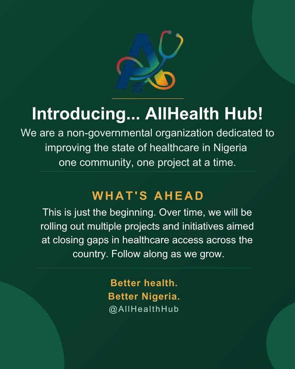 TheAllHealthHub's tweet photo. Welcome to The AllHealth Hub! 
Our mission is to improve healthcare in Nigeria. We’ll be doing so through various initiatives so stay tuned!

We’re dropping our first project tomorrow! 🥳 

Can you guess what health gap we’re tackling first below?
#betterhealth #betternigeria https://t.co/4twX97ZbkZ