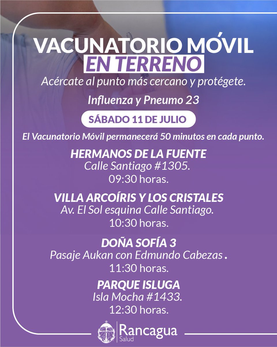 Cormun_Rancagua's tweet photo. ¡Este sábado 11 de julio, el Vacunatorio Móvil en terreno recorrerá nuestros barrios! 🚐

💉 Acercamos la protección contra la Influenza y Pneumo 23 directamente a la comunidad. Acércate al punto más cercano y protégete. 👏🏼 https://t.co/fC6GHpheGs