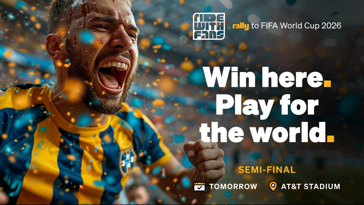 RallyBus's tweet photo. One win tomorrow, and it's a ticket to the World Cup Final.
A semifinal in Texas is going to be electric - pick your Rally Point, ride in with fellow fans, BYOB.
📍 Arlington, TX • July 14 • 2 PM
Book Now: https://t.co/zQqCvdabuQ
#FIFAWorldCup2026 #SemiFinal #ATTStadium #RideWithRally