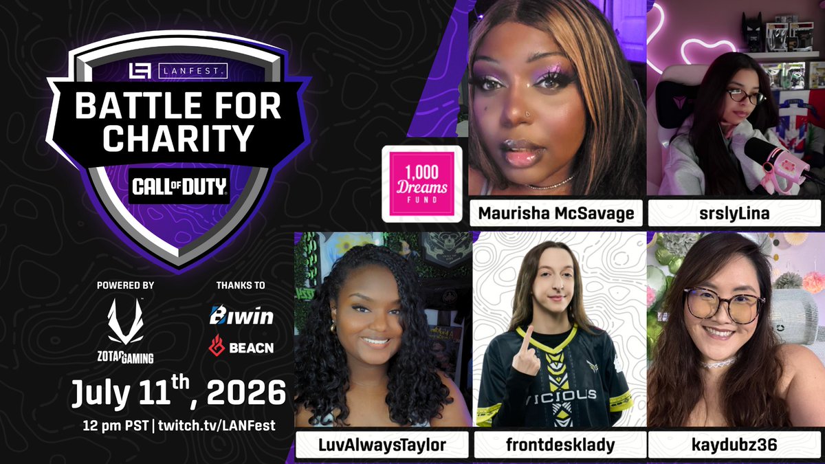 1000DreamsFund's tweet photo. Team 1,000 Dreams Fund is coming for the crown at @LANFESTgames' Battle For Charity!

This @CallofDuty showdown is for more than bragging rights, each team is representing a cause dear to them while raising funds to support everyone involved.

Tune in & support TOMORROW @ 12PM PST! https://t.co/dQNiD9WokF