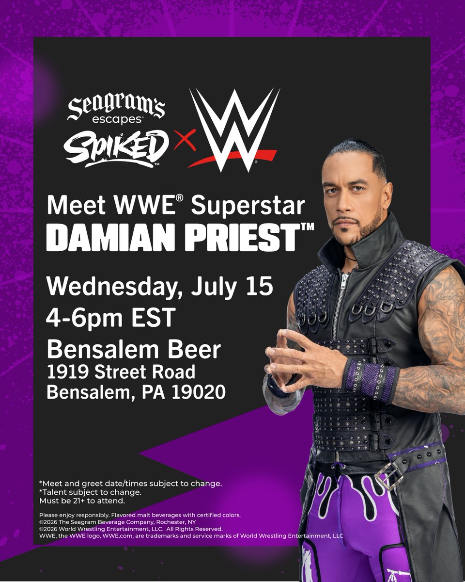 WWE's tweet photo. Philly! Join us on July 15 for a meet and greet with WWE Superstar Damian Priest from 4-6m at Bensalem Beer!

@SeagramsEscapes @ArcherOfInfamy https://t.co/rylHARSLfJ