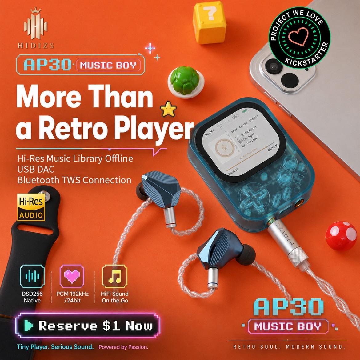 Hidizs's tweet photo. One pocket-sized player. More ways to listen. 🎵

🎧 Hi-Res offline playback
💻 USB DAC mode
📶 Bluetooth 5.3
🔊 Built-in DAC + AMP
⚖️ 3.5mm SE &amp; 4.4mm BAL

However you listen, AP30 is ready.

💰 Reserve with $1👇
 https://t.co/5iWkCnKqXT
🚀 Kickstarter:
 https://t.co/ygrK0oqmz1 https://t.co/f82UyPxHbu