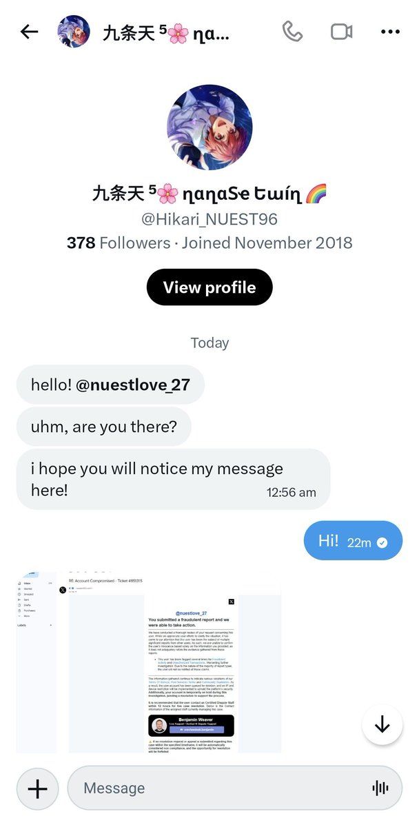 nuestlove_27's tweet photo. ‼️ FOR EVERYONE'S AWARENESS ‼️

There has been a lot of DISCORD SCAM going around here. @/Hikari_NUEST96 has been my moots for a long time I think 😢, sent me a message saying she accidentally reported my account. Turns out it's a scam. Thank you for helping me @Aragorn_heart 🥹 https://t.co/ElYRJfE1EW