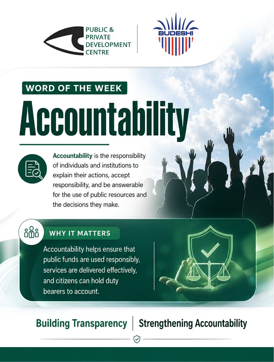 budeshi_ng's tweet photo. Word of the Week: Accountability
Good governance starts with accountability. How would you define it in one word?  #Budeshi #PPDC #Transparency https://t.co/PXWtDs92W6