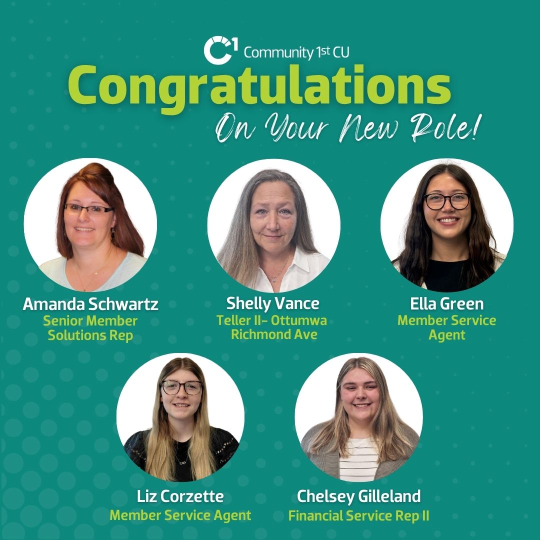 Community1stCU's tweet photo. We’re excited to recognize the hard work and dedication of our C1st employees as they continue to achieve new milestones in their careers. Please take a moment to congratulate the following team members on their well-deserved promotions. https://t.co/cXvtKoKZ5F