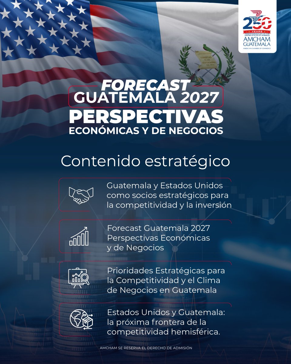 AmChamGT's tweet photo. Conozca las perspectivas que marcarán el rumbo de la economía y los negocios en 2027.

AmCham Guatemala le invita a Forecast Guatemala 2027: Perspectivas Económicas y de Negocios, un espacio para analizar las tendencias, oportunidades y desafíos que impactarán el clima de inversión y la competitividad del país.

📅 Jueves 16 de julio
📍 Hotel InterContinental | Salón Roble I
🕘 9:00 a. m. a 11:30 a. m.
📝 Registro: 8:30 a. m.

Inversión:
✔️ Socios: Q495
✔️ No socios: Q655

🔗 Regístrese aquí:
https://t.co/Uly7kBeEPe

📲 Más información:
Yesenia de Franco
3009 0379 | ydefranco@amcham.gt