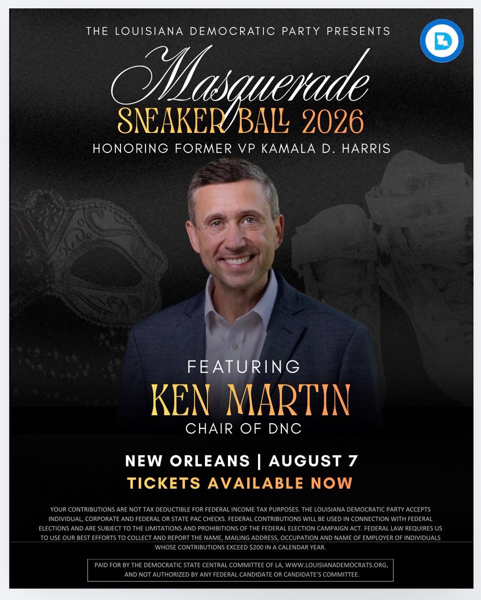 LaDemos's tweet photo. Ken Martin will be joining us in New Orleans on August 7th for our 2026 Masquerade Sneaker Ball honoring VP Kamala Harris!

Get your tickets now, and check out our page for more information.🎉

https://t.co/FNvyHNeXgz

#LaDemos https://t.co/8mt5UCp5Jg